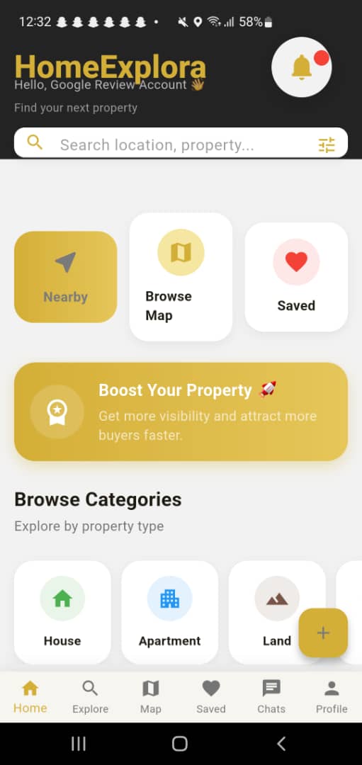 HomeExplora Android home screen showing location search, Nearby, Browse Map, Saved, and property categories